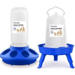 Baby Chick Feeder and Waterer Set with Adjustable Height, Anti-Drown Poultry Waterer for Raising Chicks in Brooder (0.3 Gal Chick Feeder & 0.4 Gal Chick Waterer, Blue)