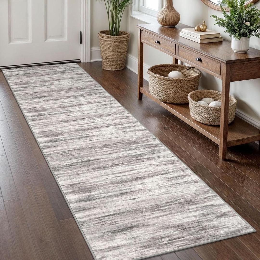 KOZYFLY Modern Abstract Washable Rug Runner 2x8 Hallway Runner Rug Non-Slip Soft Kitchen Runner Rugs, Print Grey-Beige Striped Carpet Runner for Entryway Bathroom Laundry Room Foyer