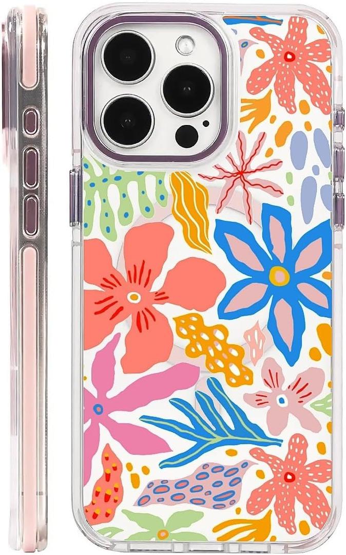 2 x ZHEGAILIAN Case for iPhone 13 Pro,[Compatible with MagSafe] - Pink,Wireless Slim Clear Shockproof Protective Cover for Women GirlGirly Passion Flower