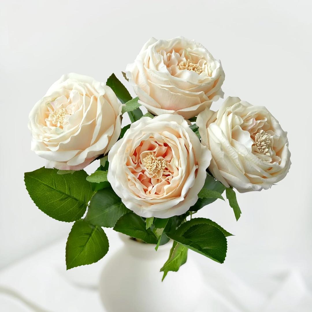 YalzoneMet 3.5'' Big Bloom Champagne Rose Artificial Flowers 4Pcs Real Touch Rose Faux 17.7Inch Long Stem Austen Roses Peonies Fake Flowers for Boho Home Kitchen Party Spring Flower Wedding Decor