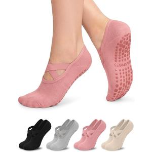 BLONGW Pilates Socks for Women, Cute Non Slip Grip Socks for Yoga, Barre, Hospital, Barefoot Dance Ballet Socks with Soft Cotton Cushion, 4 Pairs Comfortable, Durable Cross Straps, Size: Small-Medium