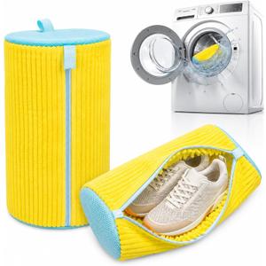 Shoe Washing Machine Bag 2 Pack – 360° Self-Locking Zipper Shoe Washing Bag for Washer and Dryer – Reusable Heavy-Duty Microfiber Cleaning Set for Sneakers, Boots & Athletic Footwear (Yellow)