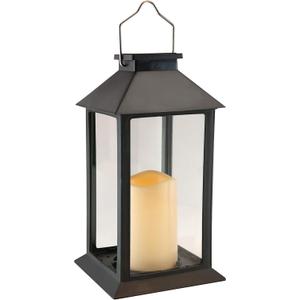 LumaBase Solar Powered Lantern with LED Candle, Traditional, Black, 11", 62401