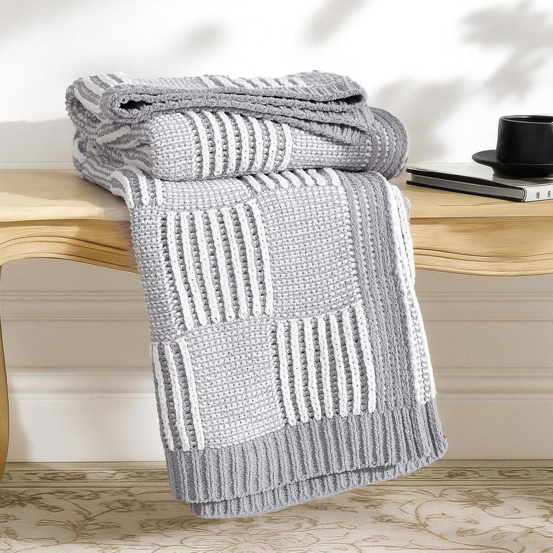 Amlie Home Checkered Knit Throw Blanket for Couch, Chenille Texture Decorative Soft Blanket for Sofa & Chair, 50"x60", Grey & White (Checkered Gray & Ivory)