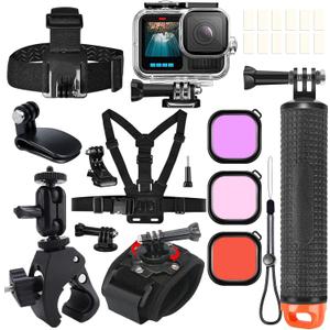 Accessories Kit for Gopro Hero 13 12 11 10 9, Waterproof Housing Case Floating Chest Grip Head Strap Wrist Strap Super Clamp Handlebar Mount Diving Filters Anti-Fog Inserts