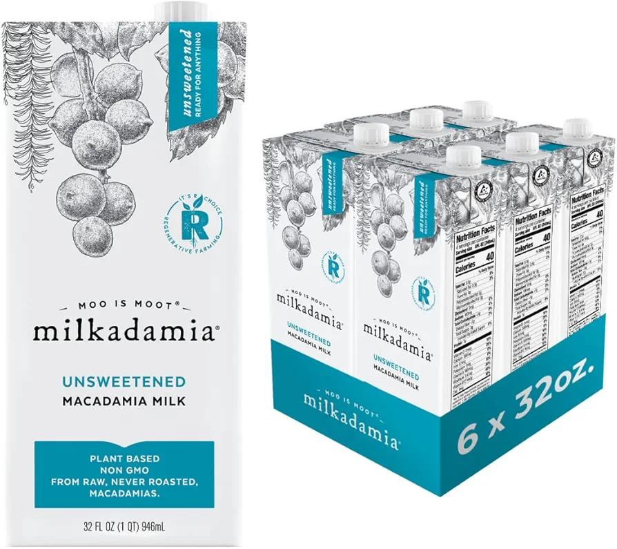milkadamia Macadamia Milk - Unsweetened - 32 Fl Oz (Pack of 6) - Lactose Free, Vegan, Shelf Stable, Plant Based, Non Dairy, Dairy Free BB 07/09/26