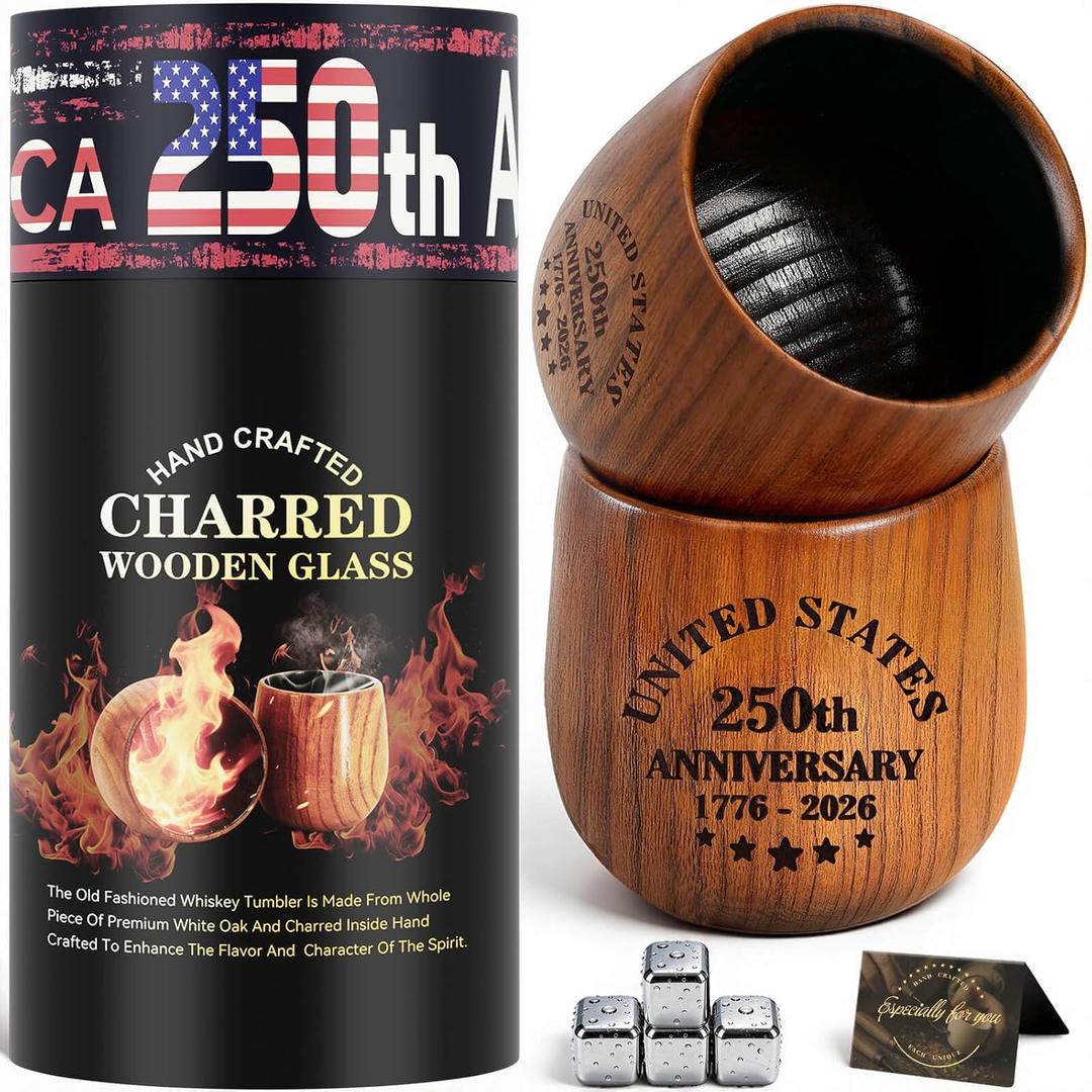 SALUNA 250th Anniversary Glasses, Charred Wooden Bourbon Drinking Glass, We The People 250 Anniversary USA Merchandise Whiskey Glass Gift Set for Men on Father's Day (2 Pack)
