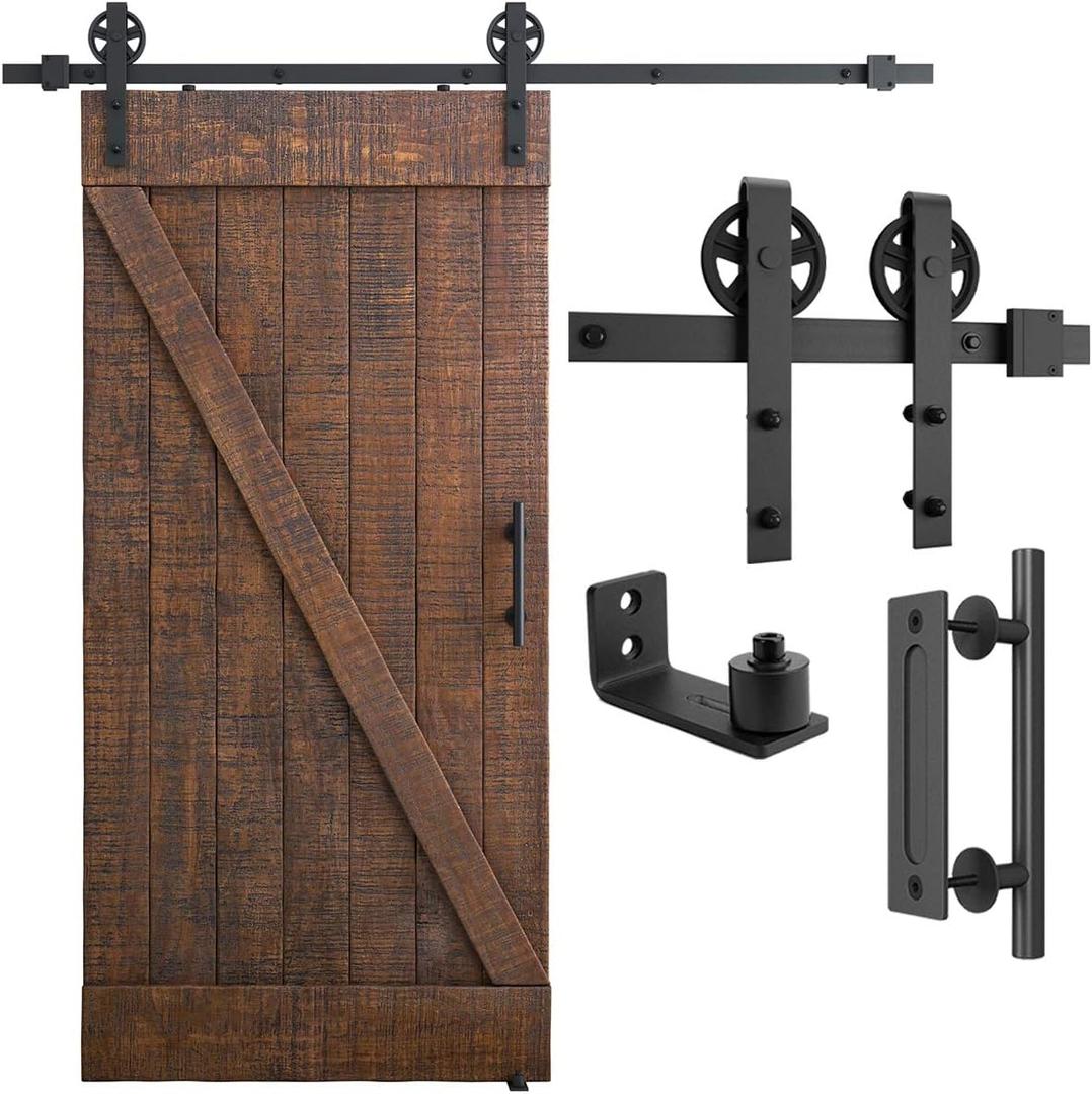 SMARTSTANDARD 6.6ft Heavy Duty Sliding Barn Door Hardware Kit, Black, (Whole Set Includes 1x Pull Handle Set & 1x Floor Guide) Fit 36"-40" Wide Door Panel (Big Industrial Wheel Hangers)