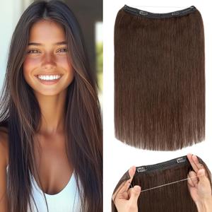 Rich Choices 100% Real Human Halo Hair Extensions Remy Invisible Wire In Hair Extensions Human Hair Clip in Hair Piece Straight,Can be Curled 16 Inch #2 Dark Brown