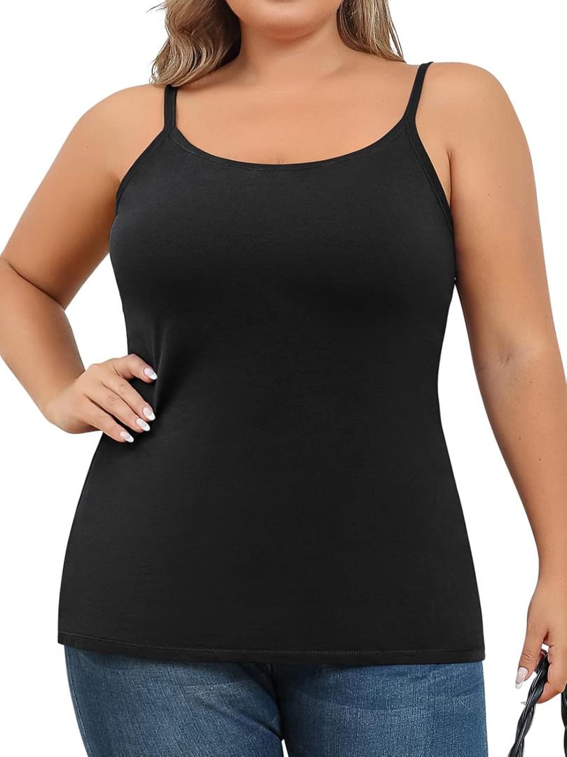 V FOR CITY Plus Size Camisole for Women with Shelf Bra Adjustable Spaghetti Strap Cami Tank Top Cotton Undershirts, 5X (Black)
