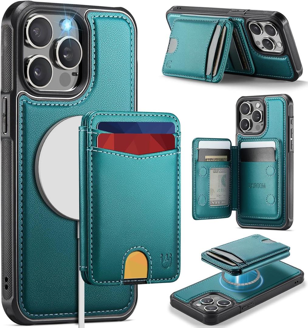 for iPhone 13 Pro Wallet Case Compatible with Magsafe, Magnetic RFID Blocking Card Holder Kickstand 2 in 1 Detachable Case for iPhone 13 Pro 6.1", Bluish Green