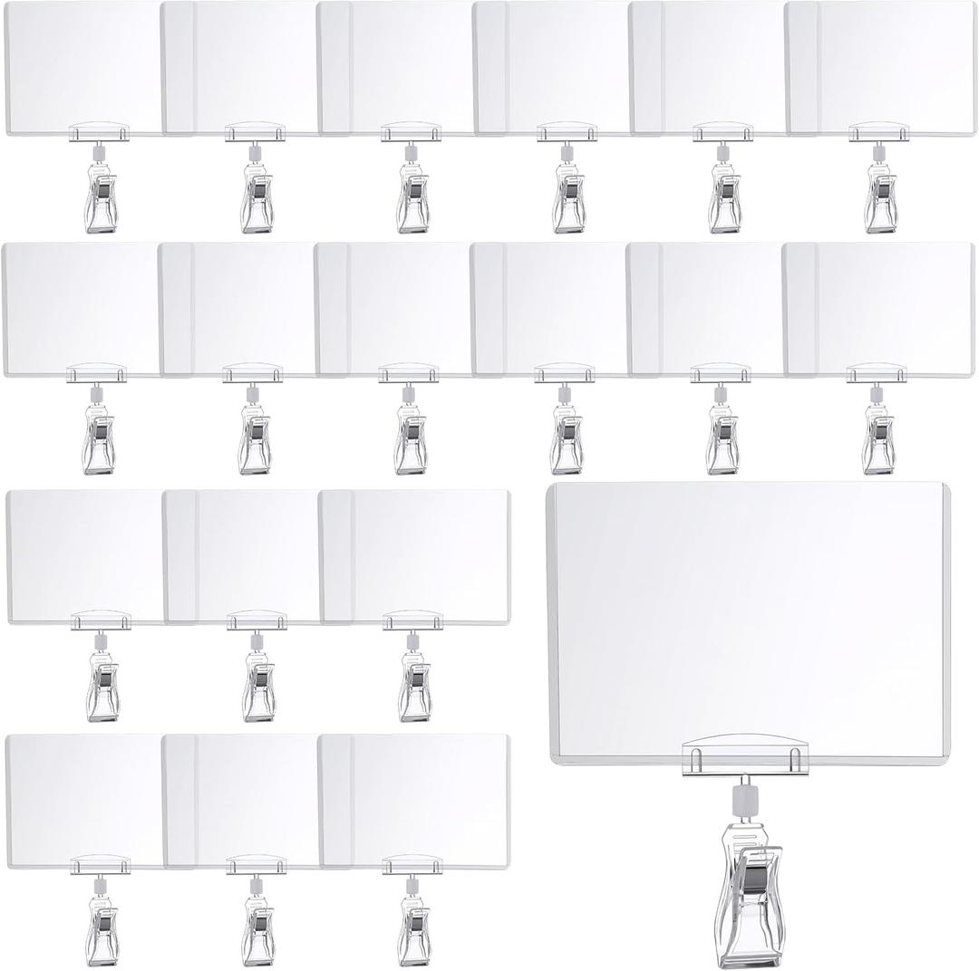 Epakh 20 Pieces Sign Clips Rotating Price Tag Clip Swivel Sign Holder for Handrails or Tubes with 20 Pieces Hard Card Sleeves PVC Card Protector for Shelves Store Supermarket(Sector Style)