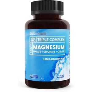BioEmblem Triple Magnesium Complex | 300mg of Magnesium Glycinate, Malate, & Citrate for Muscles, Nerves, & Energy | High Absorption | Vegan, Non-GMO | 90 Capsules
