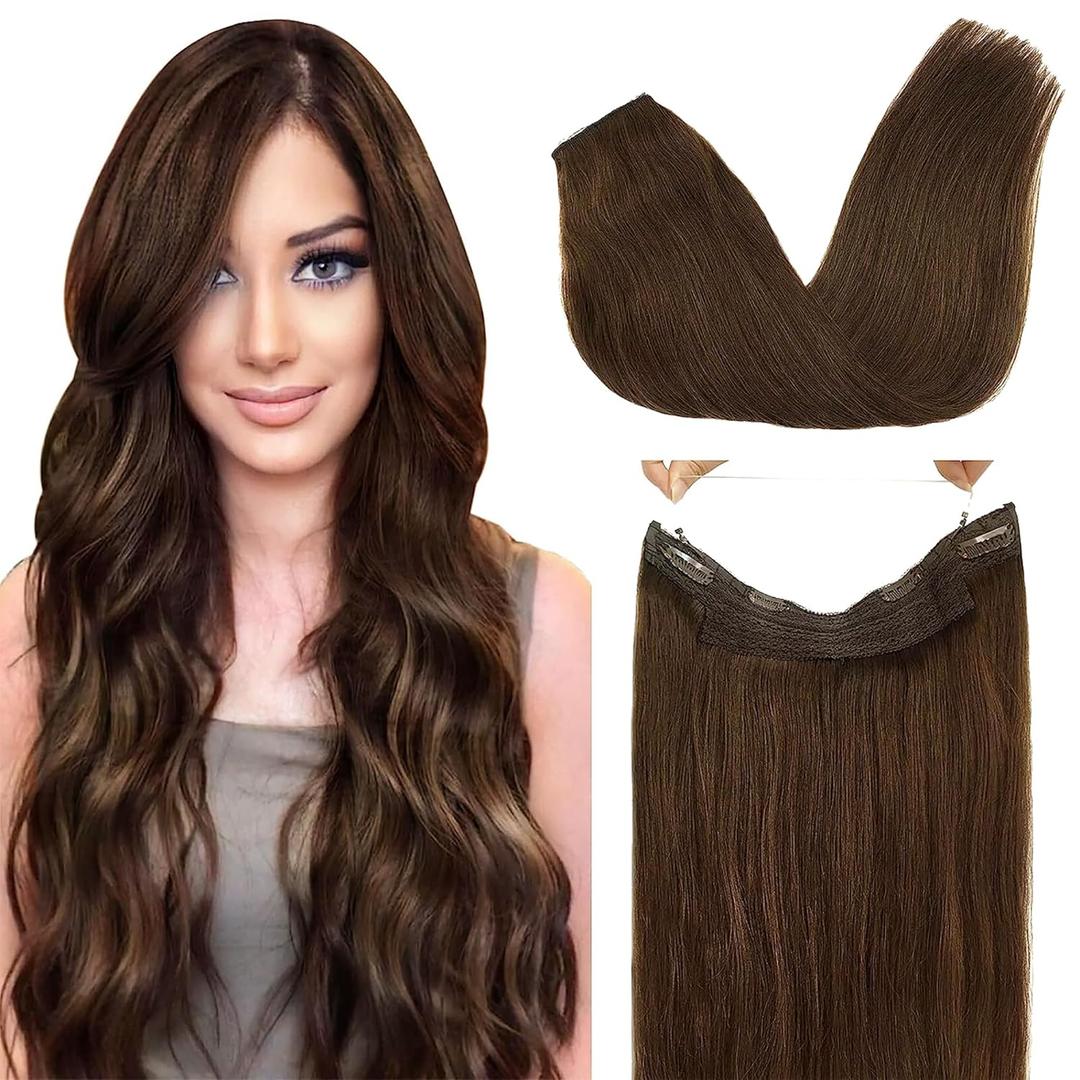 GOO GOO Wire Hair Extensions Human Hair, 4A Chocolate Brown Natural 16inch 95g, Invisible Wire Hair Extensions with Transparent, Seamless Fish Line Hairpiece (16 Inch-95g, #4A Natural)