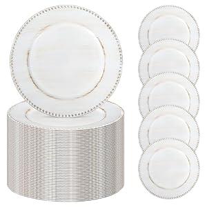 REWOMC 50 Pcs Vintage White Charger Plates Bulk, 13" Round Beaded Chargers