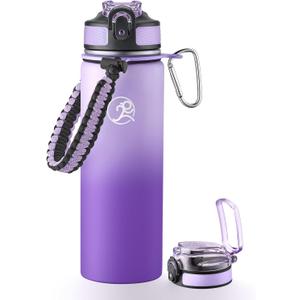 GOSWAG Insulated Sports Water Bottle, 24oz 2 Lids(with Straw/No Straw), Stainless Steel Water Bottles with Paracord Handle, Insulated Bottle with Double-Wall Vacuum Insulation