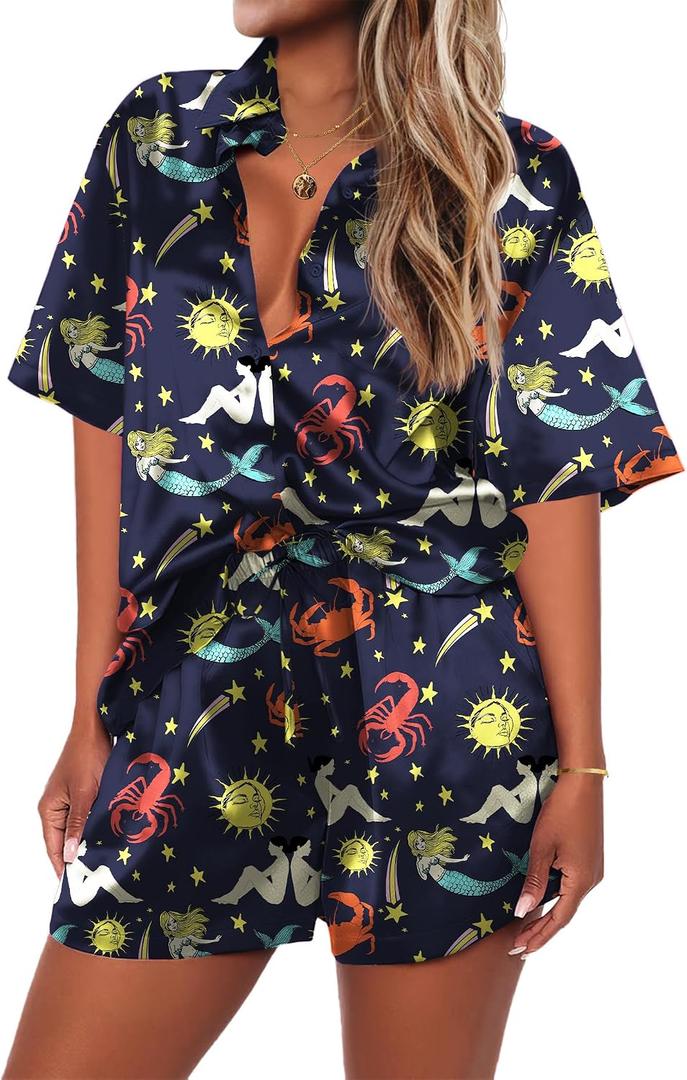 Ekouaer Pajamas for Women Silk Satin Pjs Soft Sleepwear Short Sleeve Button Down Pjs Top and Shorts 2 Piece Lounge Set S-XXL (XXL)