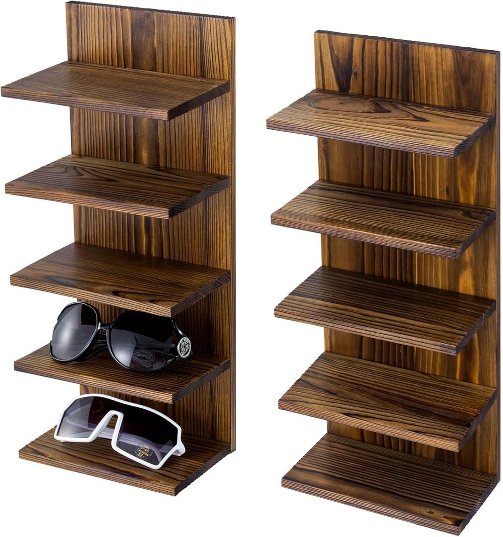 MyGift 5-Tier Rustic Burnt Solid Wood Sunglasses Holder Rack, Wall-Mount or Tabletop Eyewear Display Stand, Retail and Home Glasses Organizer, Set of 2 (Dark Brown)