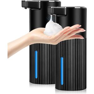 2 Pack Automatic Soap Dispenser: 14oz Plastic - Foaming Touchless 4 Level Adjustable Wall Mount Foam Black Rechargeable Electric Auto Smart Soap Dispenser Set - Bathroom Kitchen Hand Dish Lotion