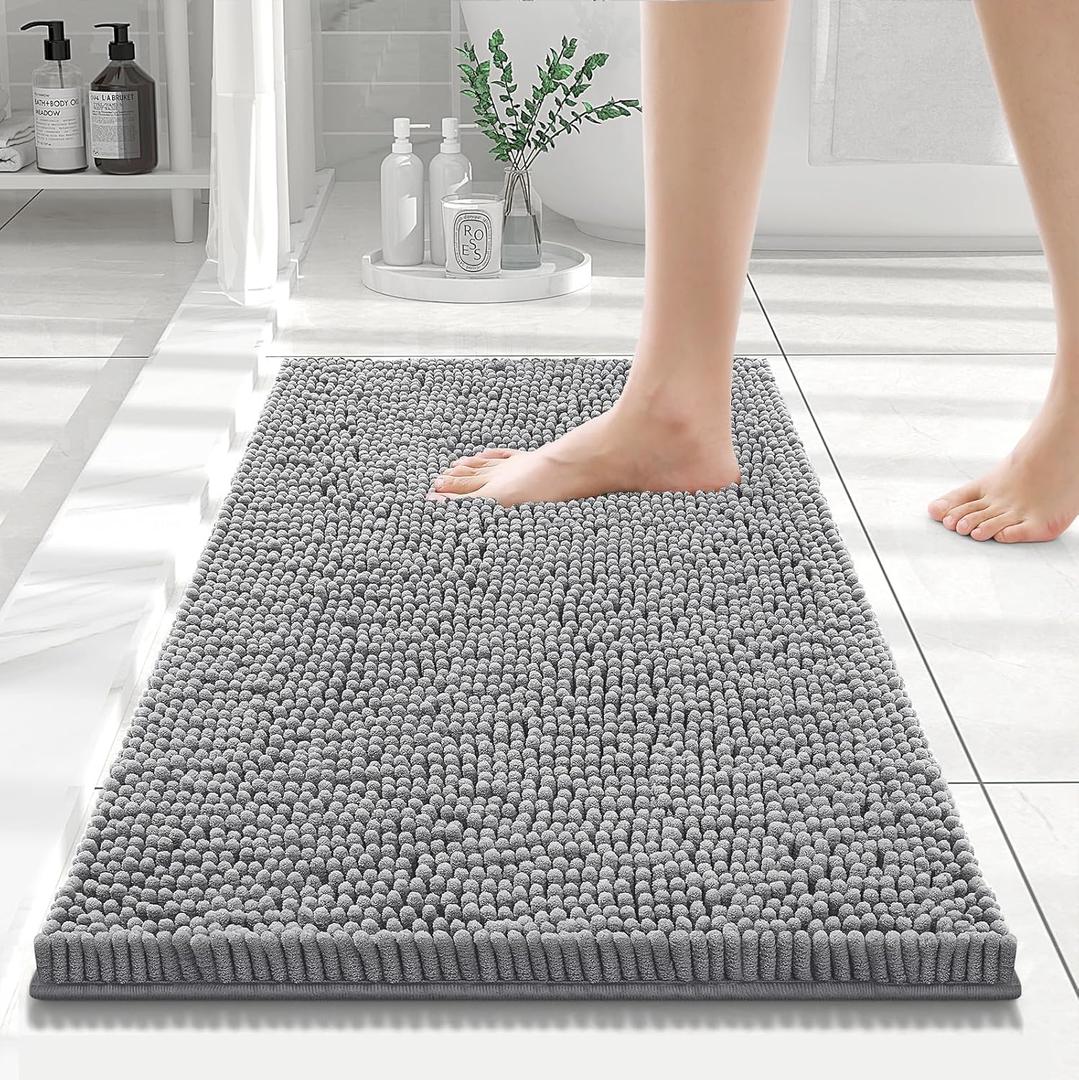 Smiry Luxury Chenille Bathroom Rugs 24x16, Extra Soft and Absorbent Shaggy Bath Mat, Machine Washable, Non-Slip Plush Carpet Runner for Tub, Shower, and Floor, Home Decor Accessories, Grey