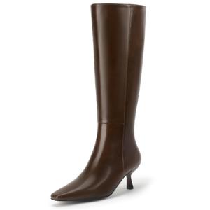 IDIFU Dark Brown Boots for Women Knee High Square Toe Low Kitten Heel Tall Long Fall Boot with Side Zipper Dress Comfortable Fashion Pull On Small Heel GoGo Heeled Boots(Dark Brown Pu, 8.5) (Brown)