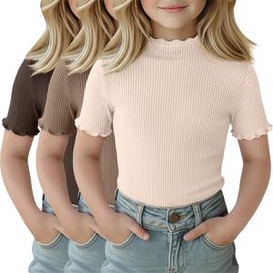 2 x LessonZoo 3 Pack Girls Shirts Short Sleeve Mock Turtleneck Cotton Cute Lettuce Trim Summer Tops 5-14Y Kids Clothes(Brown, Mocha, Cream,5-6 Years)