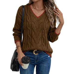LaGracia Women's Oversized Cable Knit V Neck Sweaters Trendy Color Block Sweater Pullover 2026 (M)