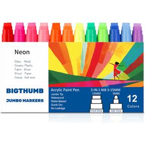 BIGTHUMB Jumbo Graffiti Poster Markers Set: 12 Neon Colors Large 15mm Wide Tip Permanent Ink Thick Acrylic Paint Pens for Rock Painting, Stone, Glass, Wood, Ceramic, Metal, Plastic, Fabric