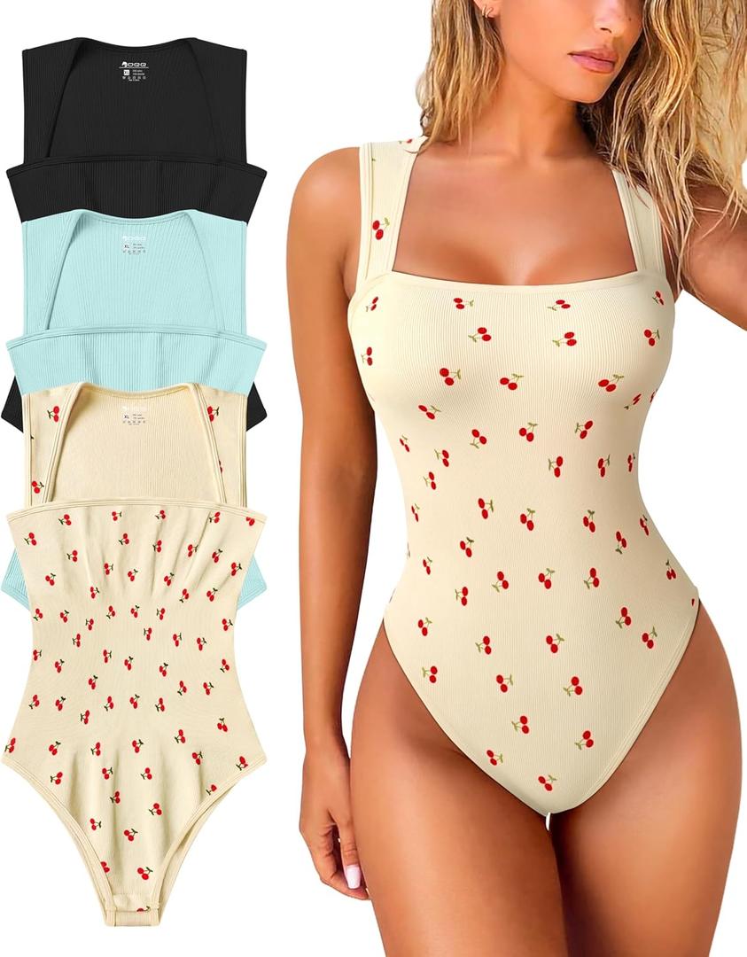 OQQ Women's 3 Piece Bodysuits Sexy Ribbed Strappy Square Neck Sleeveless Tummy Control Tank Tops Bodysuits (Medium, Black,sea Salt Blue,cherry Beige)