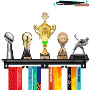 Medal Hanger Display with Trophy Shelf - Durable Metal Rack for Award Ribbon Hanger Holds Up to 16 Medals 5 Trophies - Ideal for Sports Fan and Daily Use Christmas Halloween and Birthday Gifts