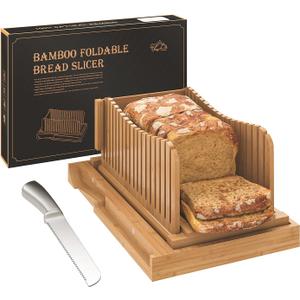 Bamboo Bread Slicer with Serrated Knife, Adjustable Guide for 3 Thickness Sizes, Foldable Chopping Board with Crumb Tray, Great for Homemade Bread, Cakes, Bagels