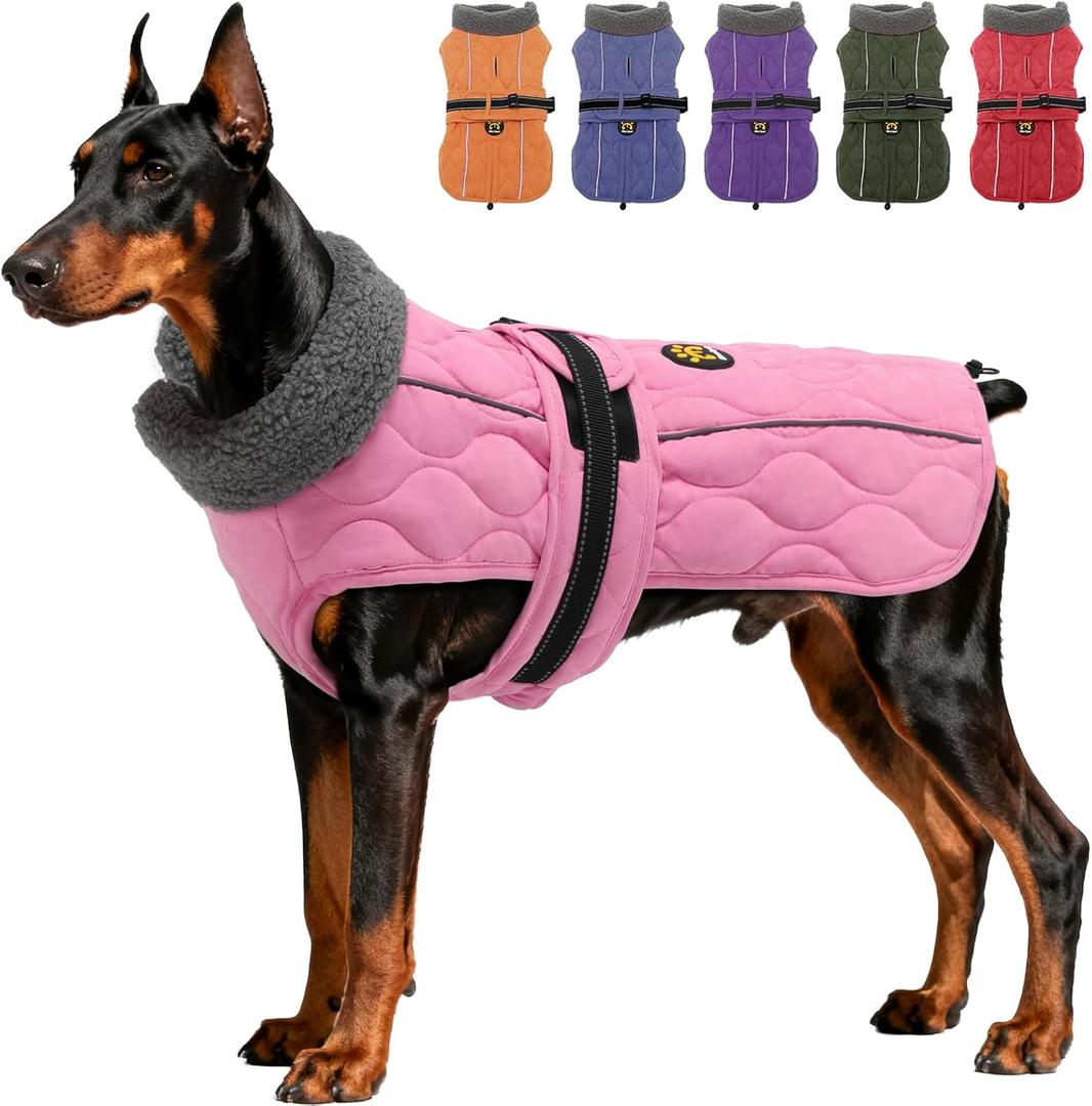 Dog Winter Coat, Adjustable Quilted Dog Snow Jacket with Fleece Lining, Water Resistant Pet Apparel for Cold Weather, Warm Large Doggie Coat with Leash Hole and Reflective Strip, NewPink L