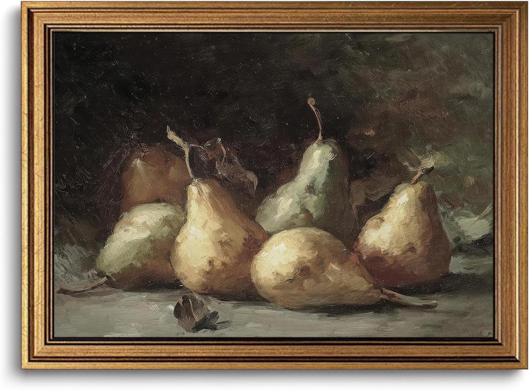 Gold Framed Wall Art Vintage Pear Still Life Canvas Art Farmhouse Fruits Picture Wall Decor Antique Prints Rustic Kitchen Paintings Country Artwork for Bedroom Bathroom Living Room 16x24 Inch