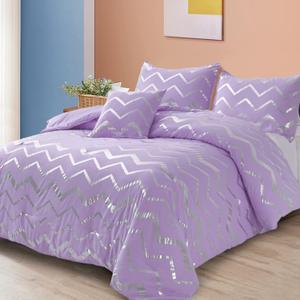 Menghomeus Purple/Silver Comforter Set Twin Lavender Metallic Print Glitter Bed Comforter Cute Shinny Bedding for Teen Girls Kids Women, 3 Piece (1 Pillowcase, 1 Decorative Pillow Sham)