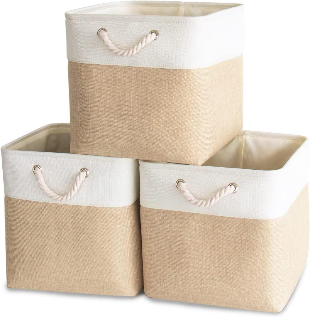 HOdo Home 3PCS Fabric Storage Bin with Drawstring Closure and 2 Bold Handles, Collapsible Large Canvas Storage Baskets for Organizing Shelf Nursery Home (White and Yellow, 13L13W13H) (131313in/3-Pack)