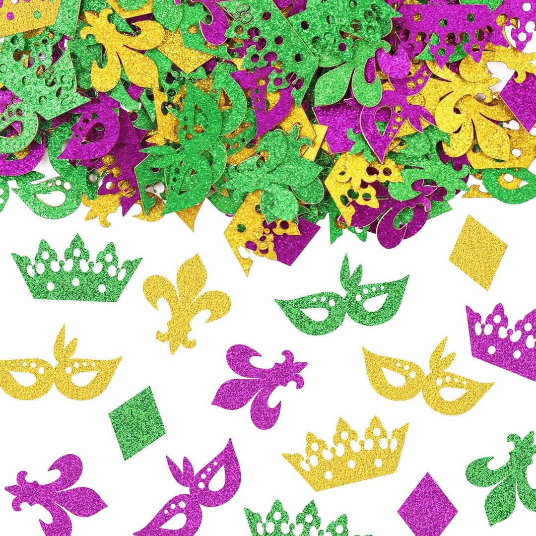 Estivaux 200 Pieces Mardi Gras Confetti for Table Decorations, Fat Tuesday Confetti Decorations Glitter Green Purple Paper Confetti Eyeglass Crown Table Confettis for Mardi Gras Party Favors