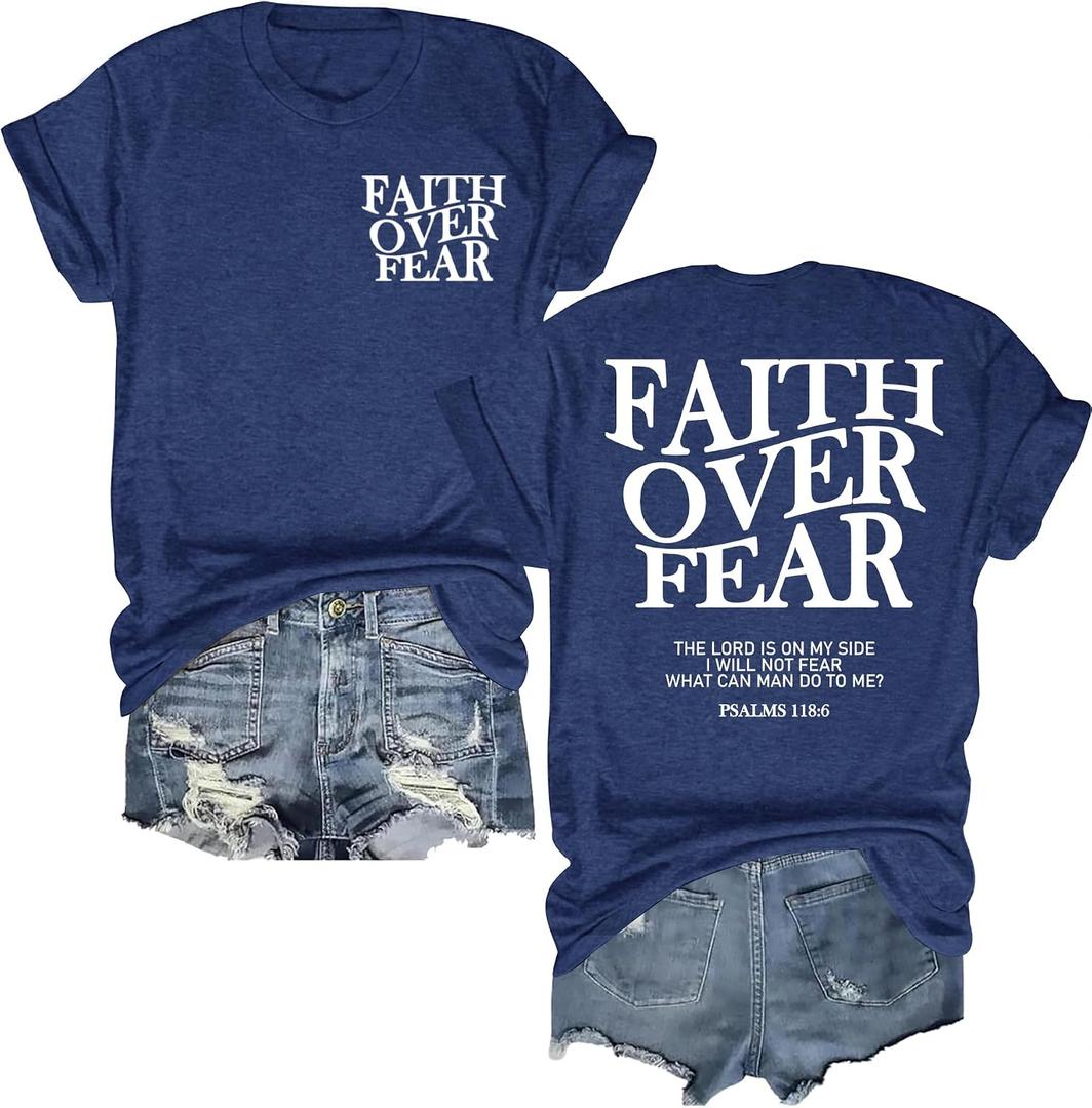 Christian Shirts for Women Faith Jesus Shirt Bible Verses Inspirational Short Sleeve Graphic Tee Tops (Blue, L)