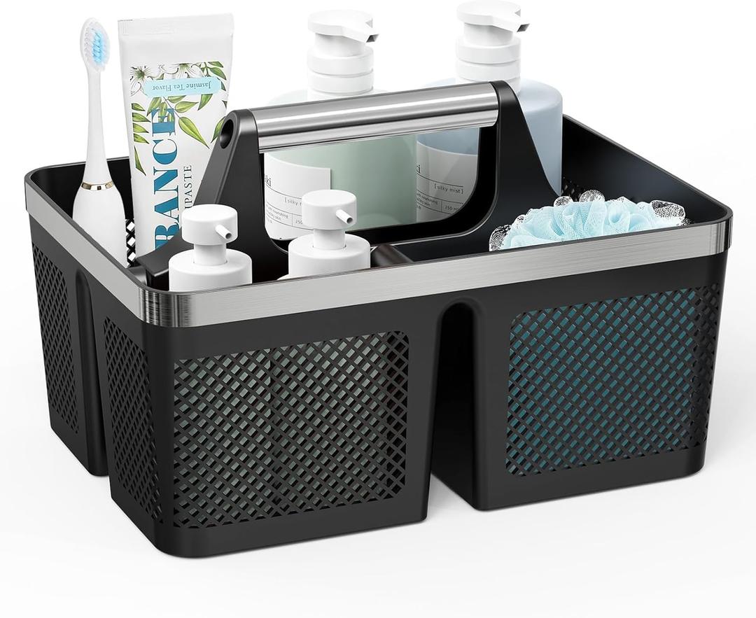 Black Shower Caddy Portable: Plastic Bathroom Caddy Organizer with Handle and Holes, Cleaning Caddy, Hard Shower Basket Storage Tote for Toiletry, College Dorm Room Essentials for Men
