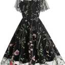 Women Keyhole Floral Embroidery Dress Sheer Mesh Illusion Vintage Cocktail Swing Dress Wedding Party Prom Tulle Evening Dress (Black, Size: 43" x 15")