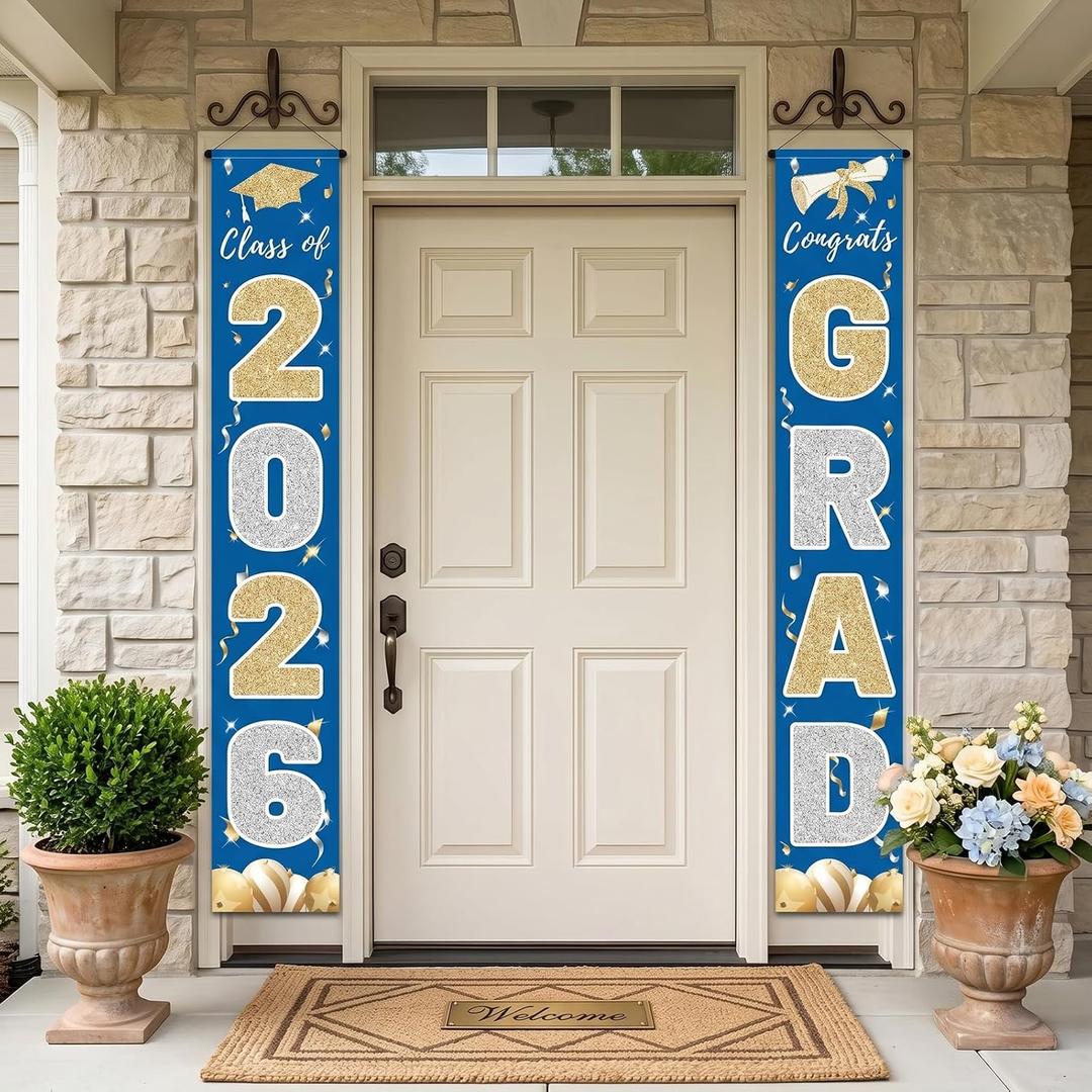 2026 Graduation Banner Congrats Grad Blue - Class of 2026 Porch Sign for Party, Porch Banner Outdoor Graduation Decorations