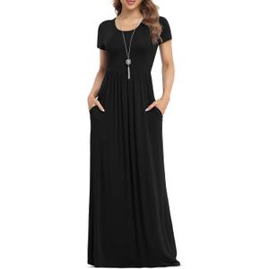 VIISHOW Women's Short Sleeve Loose Plain Maxi Dresses Casual Long Dresses with Pockets (Black, L)