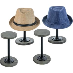 MyGift 4 Pcs Tabletop Hat Rack Stand, Freestanding Cowboy Hat Holder Organizer, Baseball Cap Storage, Wig Helmet Display, Vintage Weathered Gray Wood and Industrial Matte Black Metal Pipe (Medium, 4 Pack)