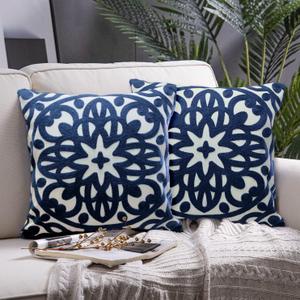 Alysheer Embroidered Decorative Throw Pillow Covers 18"x18" Set of 2 Pieces, Classic Boho Mandala Knit Pattern, Durable 100% Cotton Canvas Cozy Cushion Cases for Sofa Couch Living Room (Navy Blue)