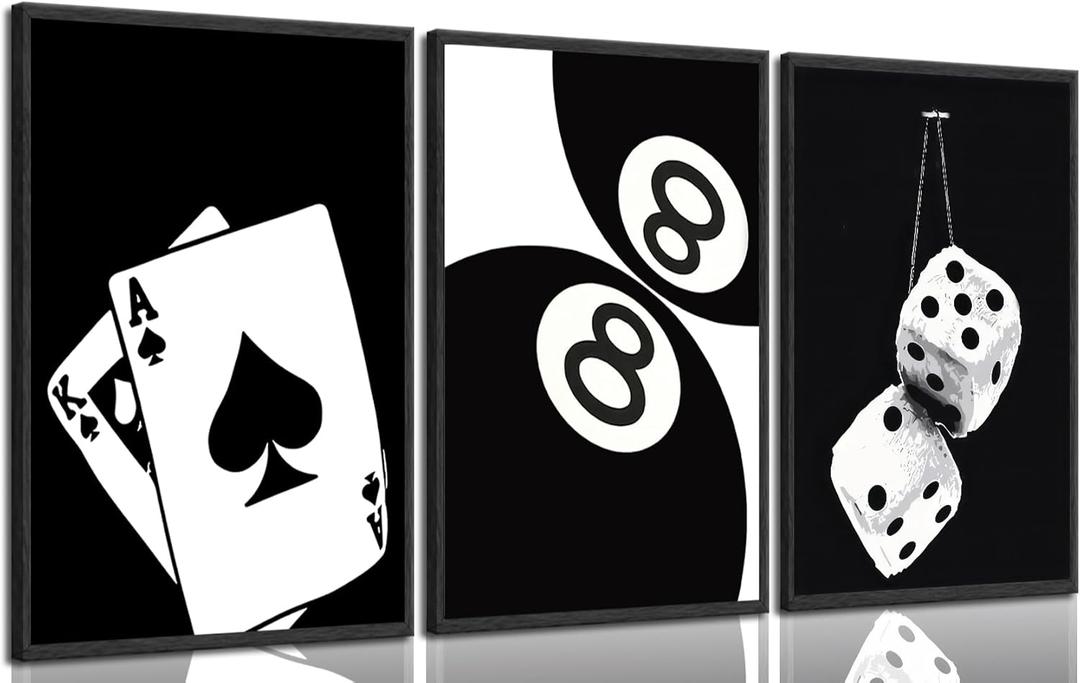 3Pcs Black and White Poker Dice Canvas Wall Art Lucky You Poster Prints Trendy Funky Preppy Y2K 8 Ball Pictures Artwork Aesthetic Painting for Game Room Apartment Dorm Decor 12x16in Unframed