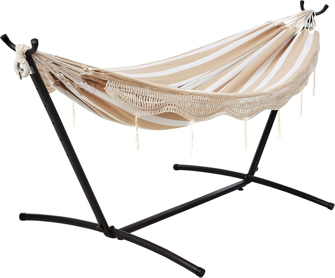 Double Hammock with 9-Foot Space Saving Steel Stand and Carrying Case, 450 lb Capacity, Beige Stripe with Lace, 110 x 47 x 43 inches