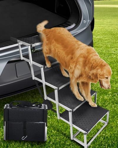 Amazon.com : Jovrun Foldable Dog Car Ramp for Large Dogs, 5 Steps Portable Large Dog Steps for Car Truck SUV High Bed, Aluminum Stairs with Non-Slip Surface, Outdoor Ramp Stairs for Dogs Max Up to 200lbs : Pet Supplies
