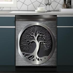 Tree of Life Pattern Stainless Steel Refrigerator Wrap,Tree Dishwasher Magnets Decorative Cover,Gray Tree Stainless Steel Dishwasher Cover Panel Decal,Simplest Carving Patterns Kitchen Decor (23x26inch( Magnetic ))
