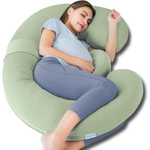 QUEEN ROSE Cooling Pregnancy Pillows - E Shaped Pregnancy Pillows for Sleeping, Detachable Body Pillow for Pregnant Side Sleeper, Cooling Silky Cotton Cover, Sage Green (60 inches)