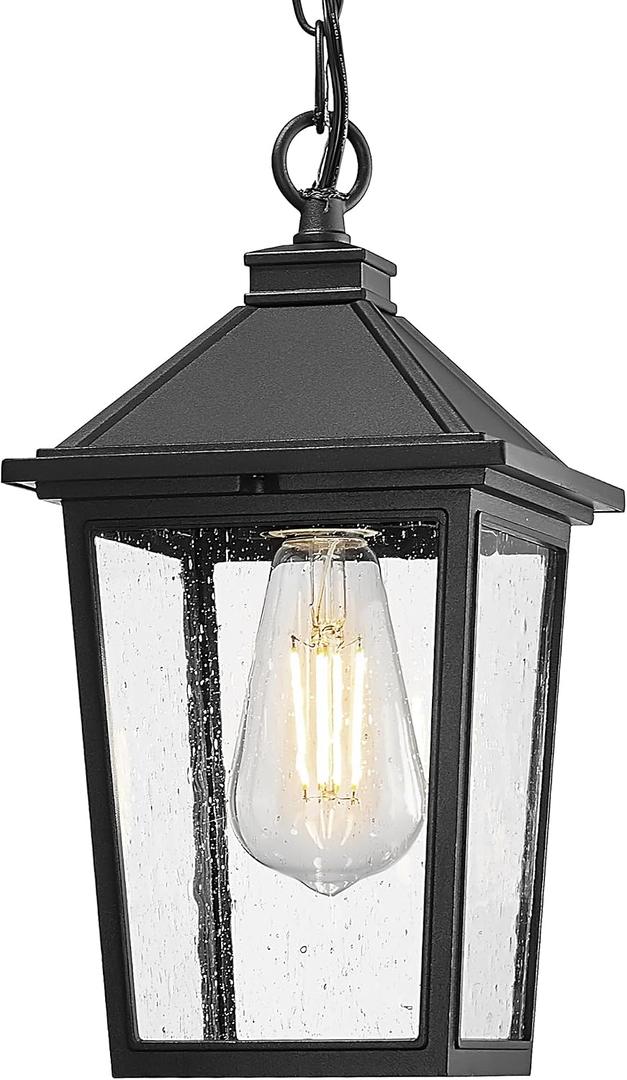 Outdoor Pendant Lights for Porch, HWH Exterior Hanging Lantern, Farmhouse Outdoor Pendant Light for Gazebo, Seeded Glass Shade, Matte Black, 5HX64HM BK (Large)