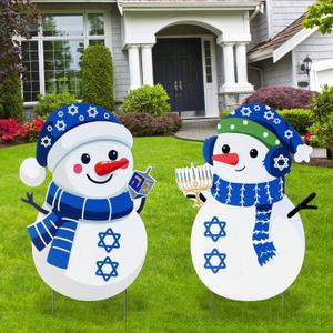 Jenaai 2 Pcs Metal Hanukkah Snowman Yard Signs with Stakes Chanukah Outdoor Holiday Lawn Decorations 16" Chanukah Garden Stakes for Jewish Holiday, Garden, Yard, Patio Party Supplies
